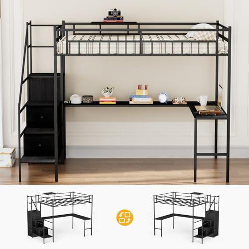 Bellemave Full Size Loft Bed with Desk, LED Lights and Charging Station, Full Loft Bed with Stairs, Wardrobe and 2 Storage Drawers, Heavy Duty Loft Beds Frame, Black Bellemave