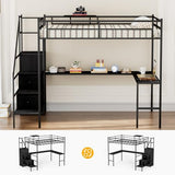 Bellemave Full Size Loft Bed with Desk, LED Lights and Charging Station, Full Loft Bed with Stairs, Wardrobe and 2 Storage Drawers, Heavy Duty Loft Beds Frame, Black Bellemave