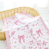 Jundetye Floral Crib Bedding Set for Girls, 4 Pieces Pink Baby Nursery Bedding Set for Standard Size Crib, Including Soft Comforter, Crib Sheet, Ruffled Crib Skirt, Diaper Stacker Jundetye