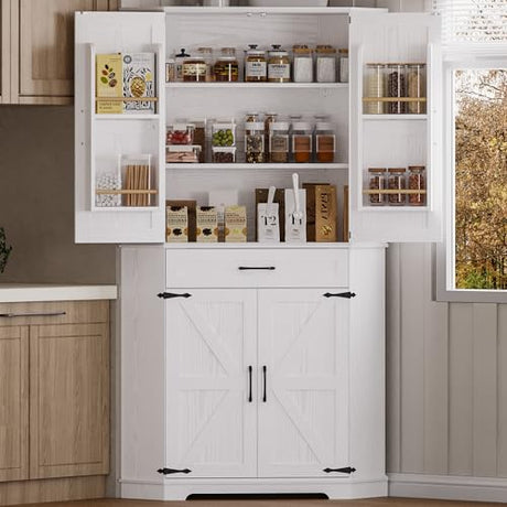 IRONCK 72" Corner Cabinet, Kitchen Pantry Storage Cabinet with Drawer, Spacious Farmhouse Pantry with 3 Adjustable Shelves, 2 Doors Storage, for Kitchen, White IRONCK
