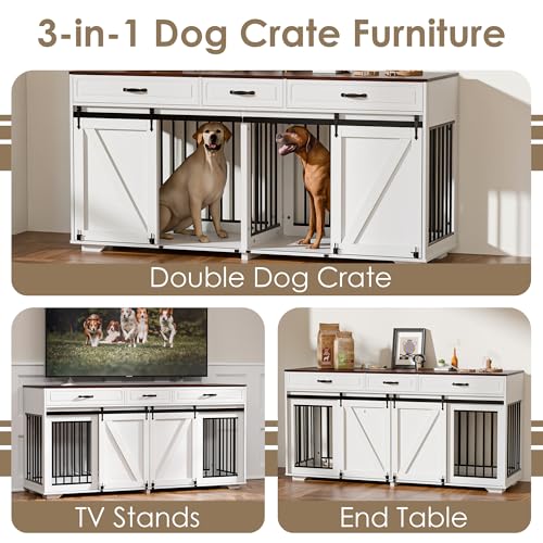 Zamildon's 71 in Dog Crate Furniture for 1 or 2 Dogs, Large Double Dog Cage with 3 Storage Drawers and Removable Divider, Dog Kennel Indoor As TV Stand with Sliding Barn Door Zamildon's