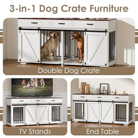 Zamildon's 71 in Dog Crate Furniture for 1 or 2 Dogs, Large Double Dog Cage with 3 Storage Drawers and Removable Divider, Dog Kennel Indoor As TV Stand with Sliding Barn Door Zamildon's