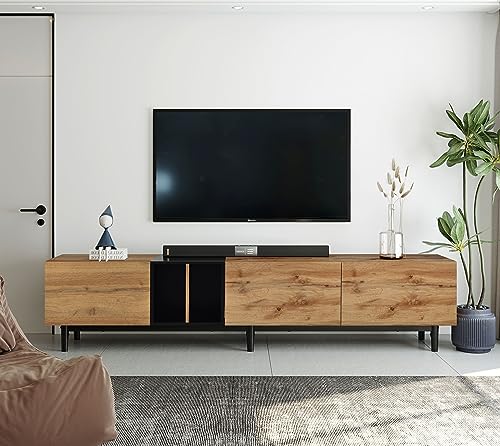 Virubi Modern TV Stand with 3 Cabinets & Open Shelves, Minimalist Wooden Entertainment Center for TVs Up to 80”, Sturdy TV Console for Living Room Bedroom Decor (Wood)