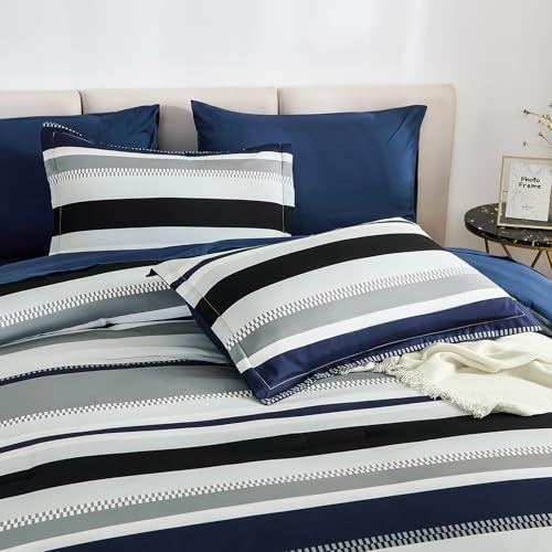 WONGS BEDDING Queen Comforter Set, 7 Pieces Navy Blue Comforter Set Queen Size, Soft Striped Bed in a Bag Bedding Set with Comforter, Flat Sheet, Fitted Sheet, Pillow Shams, Pillowcase WONGS BEDDING