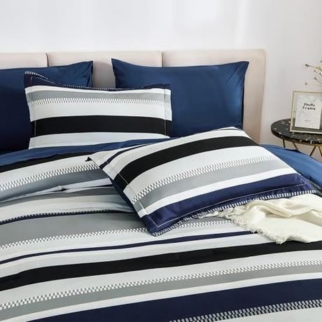 WONGS BEDDING Queen Comforter Set, 7 Pieces Navy Blue Comforter Set Queen Size, Soft Striped Bed in a Bag Bedding Set with Comforter, Flat Sheet, Fitted Sheet, Pillow Shams, Pillowcase WONGS BEDDING