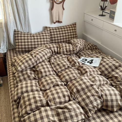 PinkMemory Brown Gingham Duvet Cover Set Queen 100% Washed Cotton Beige Plaid Checkered Duvet Cover Full 3pcs Modern Coffee Grid Gingham Bedding Set with Zipper Closure Ultra Soft Breathable PinkMemory