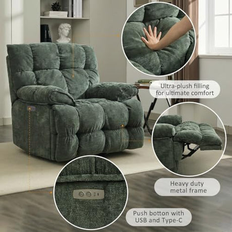 Pationate Oversized Recliner Chair, Overstuffed Swivel Rocker with Extra Wide Seat & Breathable Fabric for Living Room (Power, Green) Pationate