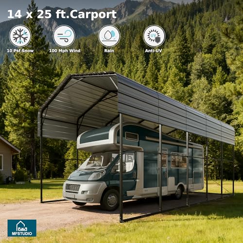 MFSTUDIO RV Carport 14x25 ft, Outdoor Heavy Duty Carports, Height 13 ft for Large RVs Metal Shed Canopy Shelters Garage Shelter Shade Car Ports with Galvanized Roof for Cars, Truck and Boats ﻿ MFSTUDIO
