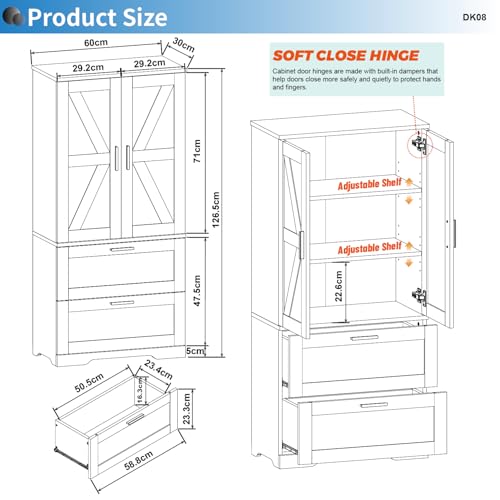 2 Door Tall Kitchen Pantry Storage, Collection Food Free Standing Wooden Storage Cabinet with 2 Drawers and Adjustable Shelves, Modern Farmhouse Versatile Storage for Kitchen, Dining Room (White) Panana