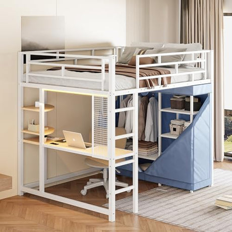 Harper & Bright Designs Loft Bed Full Size with Desk, LED Lights,Charging Station, Full Metal Loft Bed Frame with Wardrobe & Storage Shelve, 12.4" H Safety Guardrail, No Box Spring Needed,White Harper & Bright Designs