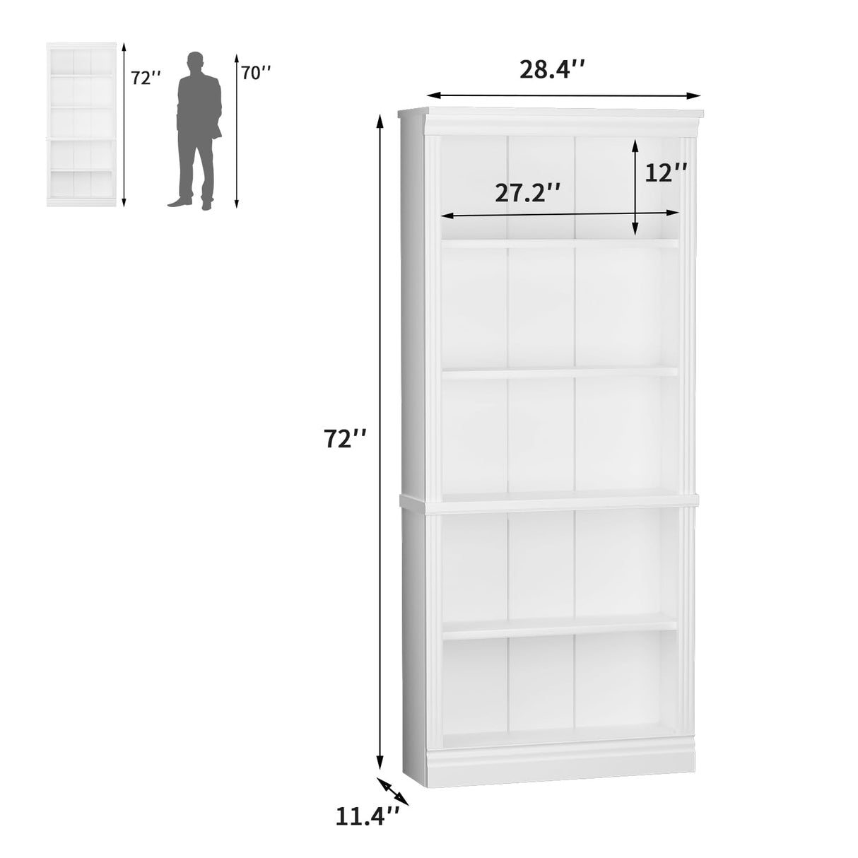 Furniwell 72" White 5-Shelf Tall Bookcase with Modern Design and Large Storage Capacity Furniwell