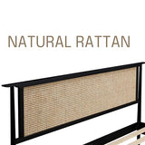 NTC Ruby Burnt Black Wooden Bed Frame with Natural Rattan Headboard, Silent Slats, and Solid Oak Foundation - King Size NTC
