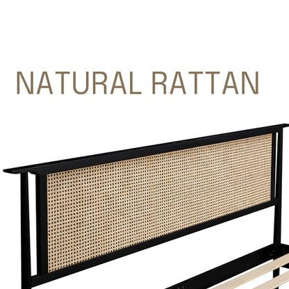 NTC Ruby Burnt Black Wooden Bed Frame with Natural Rattan Headboard, Silent Slats, and Solid Oak Foundation - King Size - WoodArtSupply