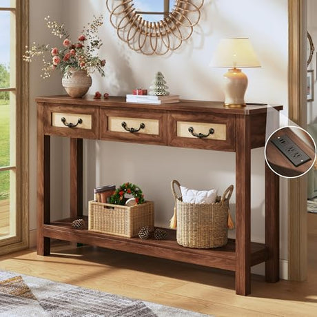HUAHUU 47.2" Console Table with 3 Rattan Drawers, Long Sofa Table with Storage Behind Couch, Farmhouse Entryway Table with Power Outlet & Open Storage for Entrance/Hallway/Foyer/Living Room, Walnut HUAHUU