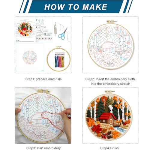 Zhenqing Autumn Forest Cabin Embroidery Kit for Beginners - Complete Set with Pre-Printed 29x29cm Cotton Fabric, Hoop, Threads & Tools(C0140)
