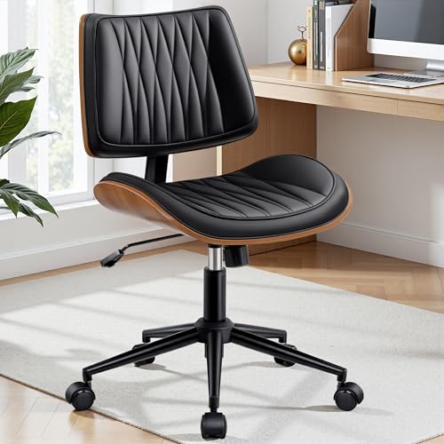 Ergonomic Armless Office Desk Chair - Mid-Century Modern Black Faux Leather with Diamond Stitch, Adjustable Height Swivel Rolling Task Computer Chair with Walnut Accent for Home Office, Study & Work fidom