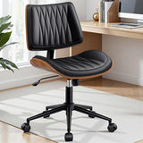Ergonomic Armless Office Desk Chair - Mid-Century Modern Black Faux Leather with Diamond Stitch, Adjustable Height Swivel Rolling Task Computer Chair with Walnut Accent for Home Office, Study & Work fidom