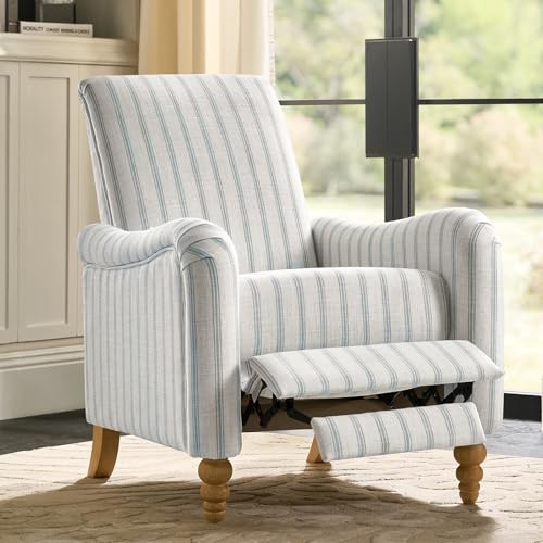 HULALA HOME Farmhouse Recliner Chair with Solid Wood Spindle Legs, Striped Push Back Recliner Armchair with Adjustable Backrest & Footrest, Comfy High Back Lazyboy Single Sofa for Living Room, Blue