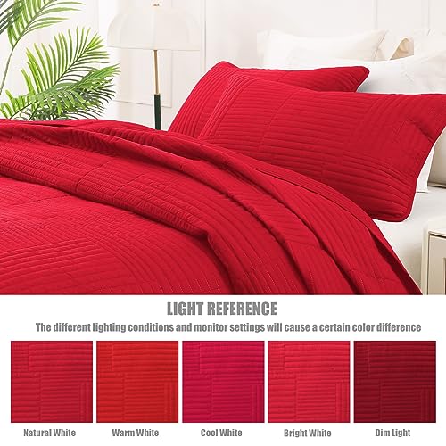 Whale Flotilla Ultra Soft Queen Quilt Bedding Set, Lightweight Microfiber Red Quilts Bedspreads Full Size, 3 Piece Ultrasonic Geometric Coverlet Bed Cover for All Seasons Whale Flotilla