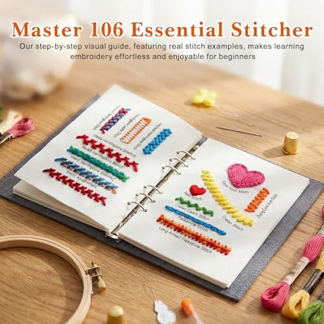 Tofficu 2026 Upgraded Embroidery Stitch Book - 180 Patterns Embroidery Starter Practice Book, Beginner Cross Stitch Supplies Kit with 6-Ring Binder 24-Color Threads & Tools for Adults DIY Craft Gift Tofficu