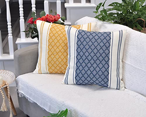 Oveesha Cotton Woven Designer Throw Pillow Cover (Color: Navy Blue/Cream White, 20 x 20 inches) Single Piece/Square Geometric Cushion Cover Oveesha