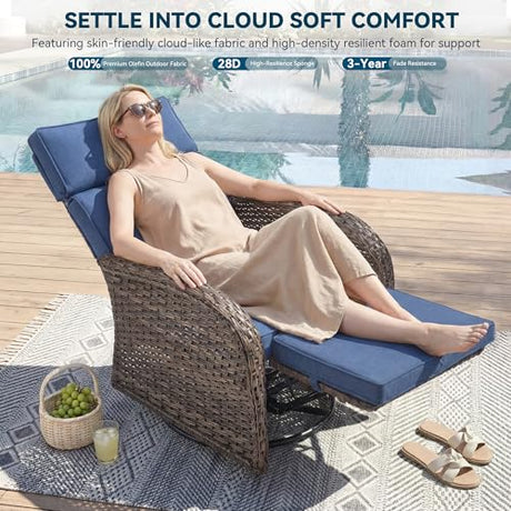 Jelwaly Zero Gravity Patio Swivel Recliner Chairs Set of 2 - Wicker Outdoor Lounge Chair with Adjustable Backrest & Footrest, All Weather Reclining Rocker Chairs with Thick Cushion for Pool Deck Blue Jelwaly