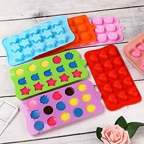 FIRETREESILVERFLOWER Flower Shape Chocolate Candy Molds Set,Heart,The stars,The rose,Flowers in Combination,15 Cavity Silicone Baking Mold Ice Cube Tray-Wedding,Festival,Parties and DIY Crafts-(6Pcs) FIRETREESILVERFLOWER