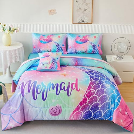 RYNGHIPY Mermaid Twin Girls Bedding Set, Colorful Rainbow Kids Girls Comforter Set with Sheets Soft and Lightweight, 6 Pieces Teen Girls Bed in a Bag RYNGHIPY