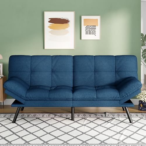 Opoiar Convertible Futon Sofa Bed,71" Memory Foam Futon Couch,Detachable Cushion,Adjustable Backrest & Armrest,Linen Modern Loveseat Sleeper Recliner for Living Room,Office,Apartment,Retro Blue Opoiar