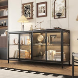 FUNISIR Buffet Cabinet with Storage & LED Light, 55.1" Large Kitchen Sideboard with 4 Glass Doors, Modern Coffee Bar with Metal Frame, Console Table for Living Room, Dining Room, Black FUNISIR