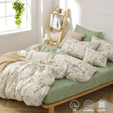 ALEISSEL Natural Cotton 3pcs Botanical Comforter Sets Queen Size-Green Comforter with Red & Blue Flowers,Gray Leaves on Off-White, Reversible Lightweight Bedding Sets(Full/Queen) ALEISSEL