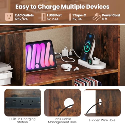 Giantex Large Record Player Stand with Charging Station, Turntable Stand Holds Up to 300 Albums, Record Player Table with Raised Leg, Vinyl Record Storage for Living Room (Rustic Brown) Giantex