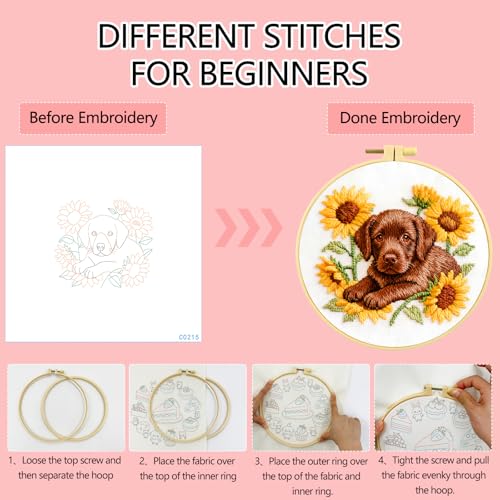 Zhenqing Labrador Embroidery Kit for Beginners, Pre-Printed 29x29cm Circular Cotton Fabric with 20cm Hoop, Cute Dog with Sunflowers Design for Home Decor (C0215)