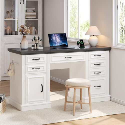 Jocoevol Farmhouse 57" Lift Up Executive Desk with 5 Drawers and Charging Station, Wood Home Office Computer Desk with File Cabinet Storage, Keyboard Tray,Headphone Hook for Work,Study (White+Black) Jocoevol