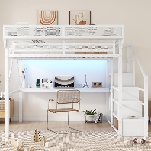 KEIKI Queen Size Metal Loft Bed Frame with Desk, Staircase, Built-in Storage Shelves and Wardrobe, Modern Loft Bed with Solid Slat, Guardrail, No Box Spring Required, Easy Assembly, for Bedroom, White KEIKI