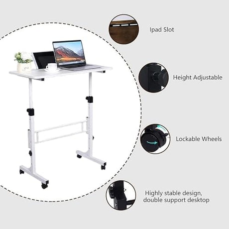 Wintline Adjustable Height Rolling Standing Desk with Lockable Wheels,Compact Laptop Desk for Home Office, Dorm, or Bedroom - 15.75" x31.5” - White Wintline