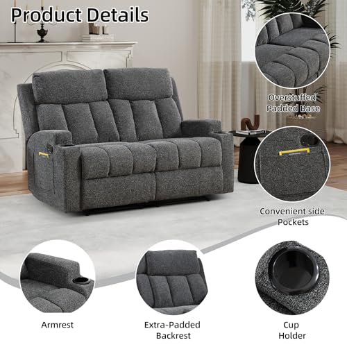 CANMOV Manual Recliner Sofa Set, Fabric Home Theater Seating with Side Pockets and Cup Holders, 2 Seat Reclining Couch for Living Room, Office, Dark Grey