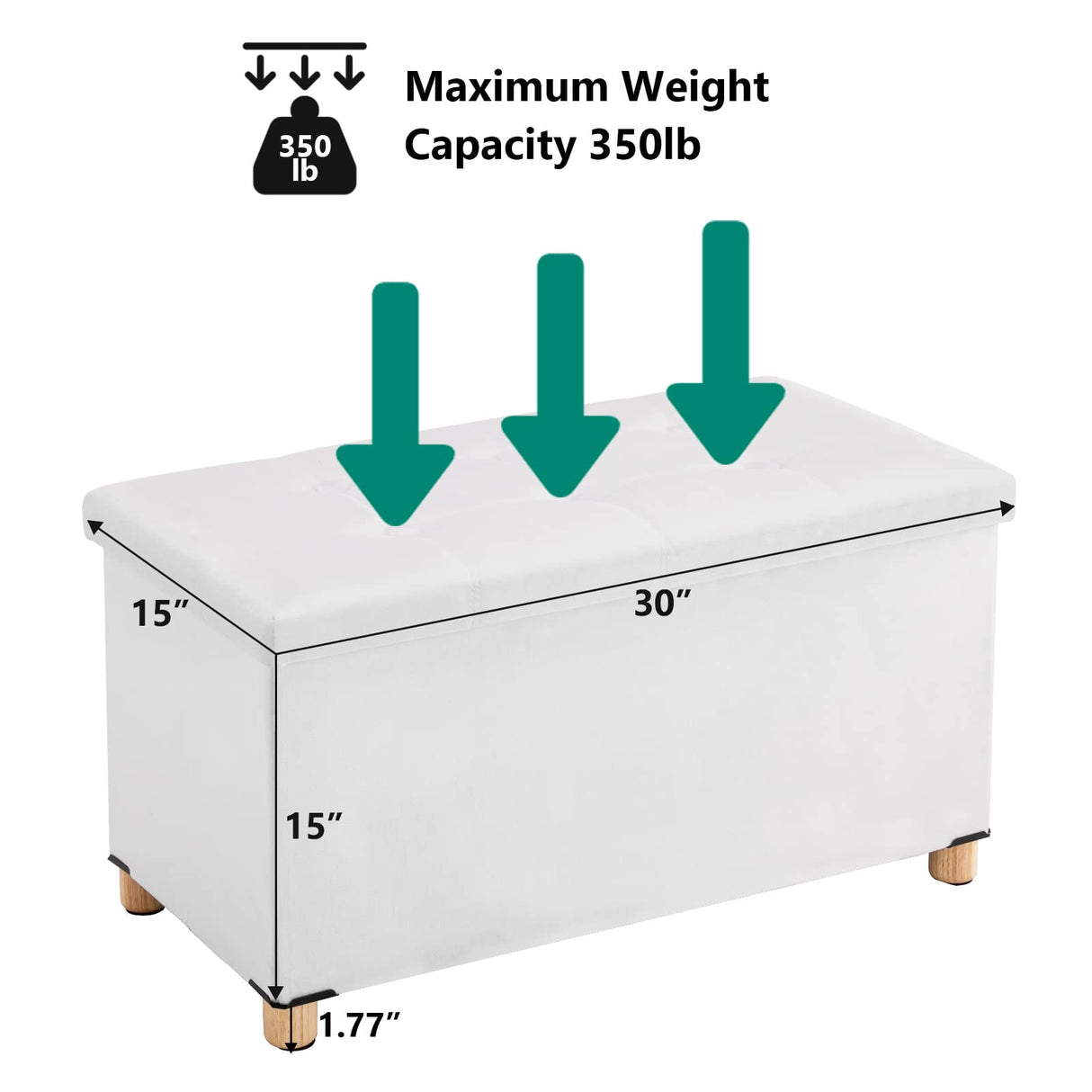 30 Inches Folding Storage Ottoman Bench, Velvet Storage Chest, Footrest Couch with Wooden Legs, Support 350lbs for Bedroom, Living Room, Hallway, White YOUDENOVA