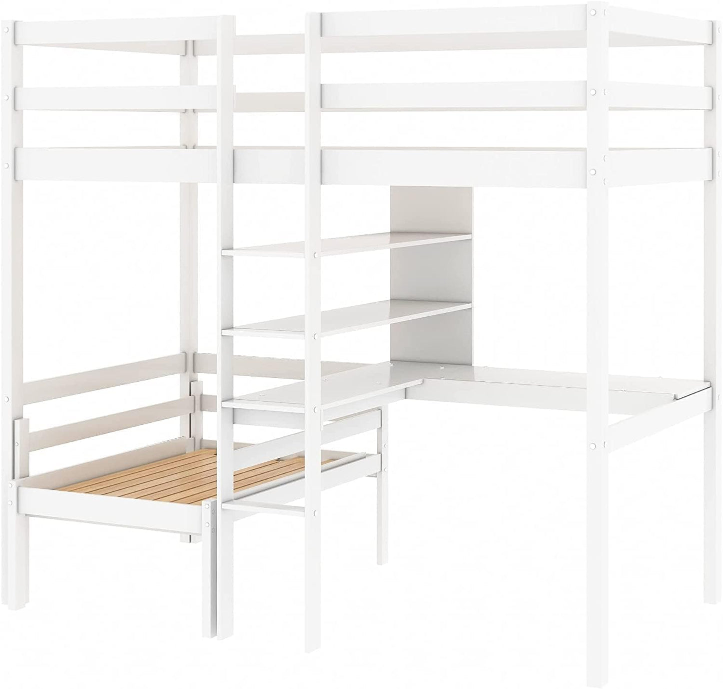 MERITLINE Twin Loft Bed with Versatile Desk and Bookshelf in White - WoodArtSupply