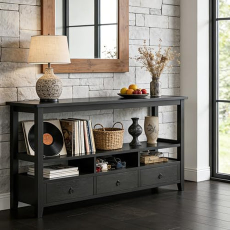 Karl home Console Table with 3 Bottom Drawers, 57.9" W Sofa Side Table Entryway Desk with 3 Storage Cubbies 1 Open Shelf, Vintage TV Stand for Hallway Living Room Office, Black 29.9" H Karl home