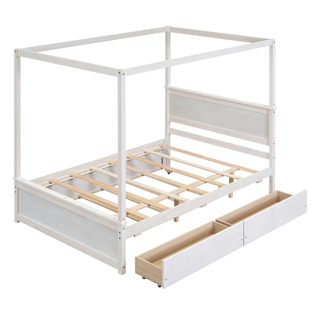 Akiyito Full Wood Canopy Bed with Trundle and 2 Drawers,Platform Bed with Support Slats,Built-in Headboard,No Box Spring Needed,for Kids Adults,Brushed White Akiyito