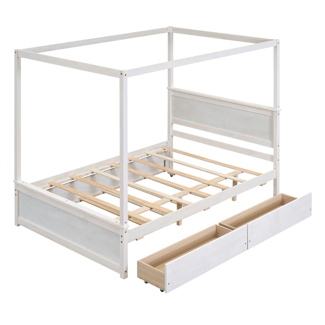 Akiyito Full Wood Canopy Bed with Trundle and 2 Drawers,Platform Bed with Support Slats,Built-in Headboard,No Box Spring Needed,for Kids Adults,Brushed White