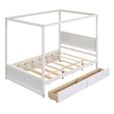 Akiyito Full Wood Canopy Bed with Trundle and 2 Drawers,Platform Bed with Support Slats,Built-in Headboard,No Box Spring Needed,for Kids Adults,Brushed White Akiyito
