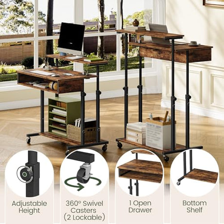 CHOEZON Computer Desk, Standing Desk on Wheels, Rolling Desk with Charging Station, Height-Adjustable Laptop Desk, for Living Room, Home Office, Rustic Brown and Black TDN08UBF CHOEZON