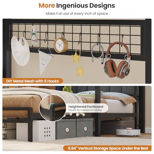 DICTAC Twin Over Twin Bunk Bed with 8 Storage Drawers and Led Lights Metal Bunk Beds with Storage Headboard and Charging Station,L-Shaped bunk Bed for Kids/Teen with Safety Guardrail and Ladder,Black DICTAC