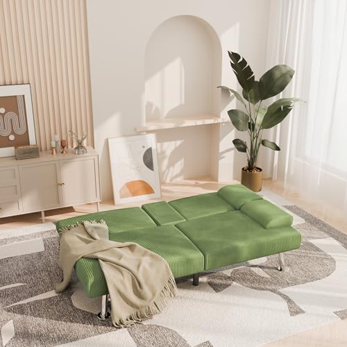 YESHOMY Futon Sofa Bed, Futon Couch with Adjustable Backrest, Convertible Sleeper Sofa with Removable Armrests, Loveseat in Corduroy with 2 Cup Holders for Living Room, Apartment (Green) YESHOMY