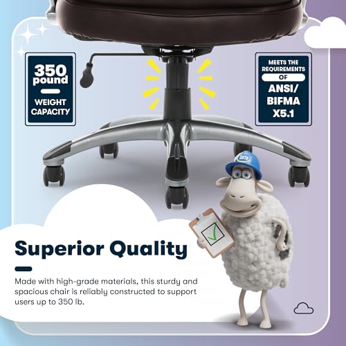 Serta Fairbanks Big & Tall Executive Office Chair, Ergonomic Comfy High-Back ComputerChairs with Lumbar Support, Semi-Plush Seat Cushion, Padded Armrests, Nylon Swivel Base, Bonded Leather, Brown Serta