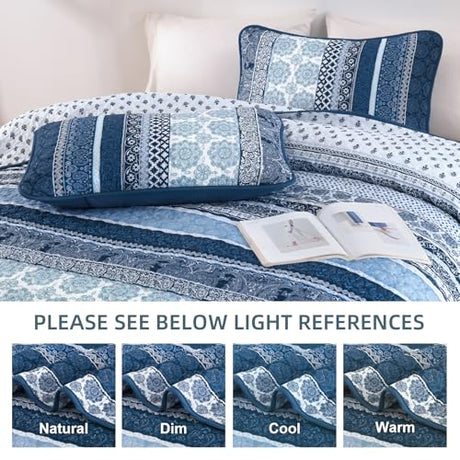 WONGS BEDDING Boho Quilt Set Queen Size, Navy Blue Bohemian 3 Pieces Quilt Sets, Lightweight Microfiber Bedspread Coverlet Bedding Set for All Season (96"x90") WONGS BEDDING