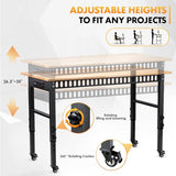 GVGBUK 48" Height Adjustable Workbench, 2000 LBS Load Capacity Rubber Wood Top Workstation, Heavy-Duty Hardwood Worktable for Garage Workshop (with Wheels and Socket,48'') GVGBUK