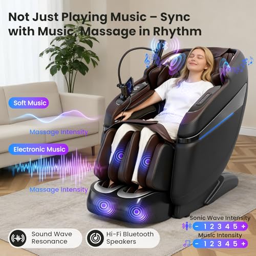 KTENTITO 4D Music Rhythm Massage Chair Full Body, 2026 Unique Sonic Resonance Zero Gravity SL-Track Shiatsu Recliner with Knee Heating Blanket AI Voice Bluetooth Foot Roller Body Scan Airbags G9 Black KTENTITO
